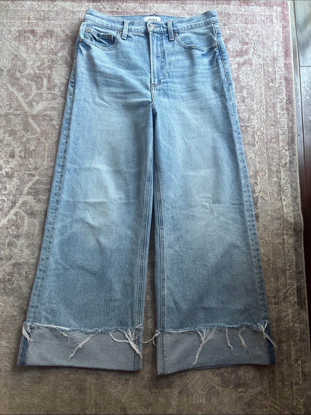pistola Light Blue Wide-Leg Jeans with Frayed Hem
